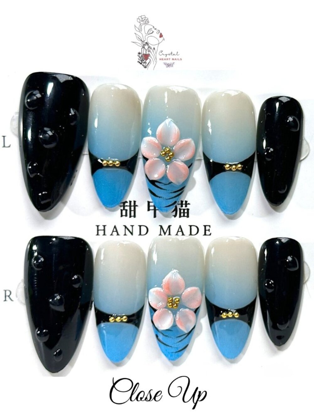 Blue Ombre Floral French Tip Press-On Nails – Large Almond